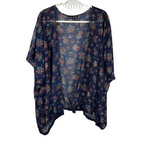 Mason + Mackenzie Sheer Floral Kimono Blue Crochet Trim Short Sleeve Medium
